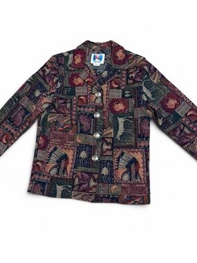 Vintage Southwest Wooded River Tapestry Jacket Silver Concho Buttons Size M